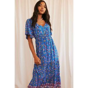Vestido midi azul con estampado floral y cuello en V para mujer, vestido informal bohemio de verano de manga corta con dobladillo con volantes - Product Image 2