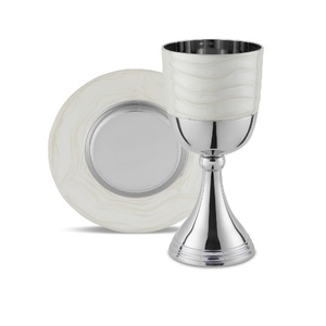 Copa Kiddush Redonda de Acero Inoxidable Plateado en Oferta, con Bandeja Decorativa, Copa Kiddush Niquelada para Regalo - Product Image 2