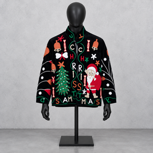 Veste bomber en velours brodée de Noël pour femme, veste d'extérieur zippée, manteau de fête - Product Image 3