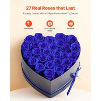 Boîte en forme de cœur de roses éternelles bleu royal, 27 fleurs, longue durée (3-5 ans), cadeau pour femme, anniversaire, Saint-Valentin, Noël