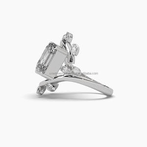 Moissanite 2.00CT Each Pear & <b>Emerald</b> Cut Two Way Cross Over <b>Ring</b> Original 925 <b>Silver</b> With Gold Plated Fine Unique Style Jewelry - Product Image 4