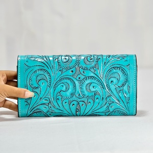 Hot Selling Hand Tooled Genuine Leather <b>Playing</b> <b>Card</b> Design Cute Floral Short Wallet Clutch RFID Secure Snap Closure - Product Image 4
