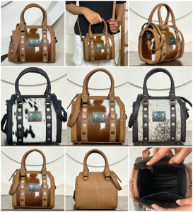 New Customized Hand <b>Tooled</b> <b>Leather</b> Ladies Speedy Bag Cowhide <b>Leather</b> Turquoise Concho Small Compact Crossbody Duffle for Women's - Product Image 2