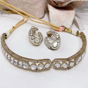 Royal Premium Quality Gold Plated Brass Moissanite Trendy <b>Statement</b> Fusion Choker <b>Necklace</b> Earrings Set Wedding Party Wear - Product Image 2