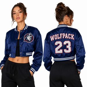 Custom Cropped Satin Letterman <b>Jacket</b> Women Embroidered Team Logo Chest Player Name Number Back Wholesale Supplier Factory Order - Product Image 3
