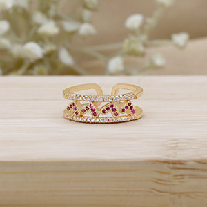 Wholesale 14K Gold Plated Zircon Double Layer Heart Adjustable <b>Open</b> <b>Ring</b> for Women Wedding Engagement Gift with Pave Setting - Product Image 2
