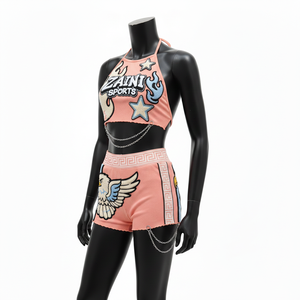 Premium Polyester Spandex <b>Stretch</b> Knit Women Bikini Set Peach Panel <b>Shorts</b> Custom Embroidery Logo women for Bikini Set - Product Image 4