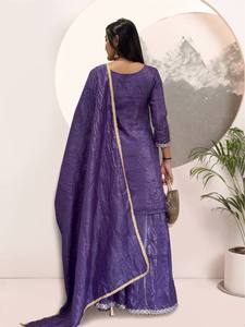 Purple Silk Embroidered <b>Kurta</b> Palazzo Dupatta Set <b>For</b> <b>Women</b> - Product Image 6