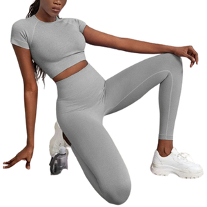 Premium Selling Short Sleeve Crop Top T Shirts & <b>Leggings</b> Sweat-Wicking Breathable Fitness Four-Way Stretch Activewear Set - Product Image 1
