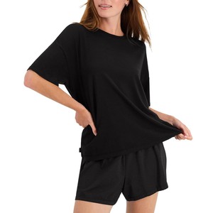 Women's Black 2-Piece <b>Knitted</b> <b>Set</b> O-Neck Short Sleeve Top With Pocket Above Knee Shorts Casual Breathable Spring Summer Wear - Product Image 1