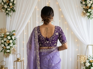 AARA Fashion <b>Purple</b> Silk <b>Saree</b> Gold Embroidery Sun Protection for Wedding Elegant Floor-Length Women's Sari India Pakistan Style - Product Image 6