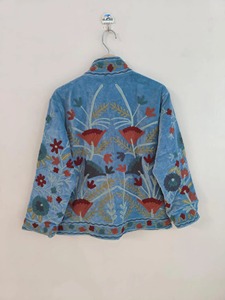 Veste en coton brodée florale bohème bleue, col mandarin, manches longues, vêtements décontractés pour adultes, tenue de printemps - Product Image 2