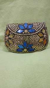 Conifer Handcrafted <b>Mosaic</b> Clutch Bag Embellished Evening Purse <b>Mirror</b> Work Beads Rhinestones Indian Artisan Fashion FLAP - Product Image 4