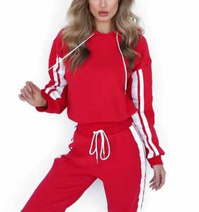 Women Red Hooded Tracksuit Set Full Sleeve Solid Color Sporty Style With Side Pockets Drawstring Closure Autumn Wear - Product Image 2
