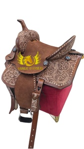 Silla de montar de cuero para caballo, estilo western, personalizada con grabado floral, de cuero rugoso, duradera, portátil, tipo inglés, para carreras de barriles y equitación, con base de madera - Product Image 2