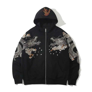 Direct Factory Men's <b>Black</b> Hooded <b>Zip</b>-<b>Up</b> Sweatshirt With Embroidery Elegant Style Vintage Washed <b>Hoodie</b> Regular Fit Winter Wear - Product Image 1