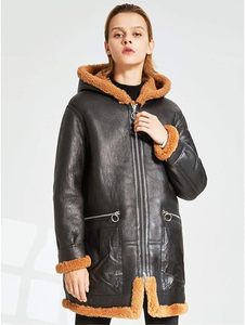 Men's <b>Winter</b> Warm Sheepskin Leather Bomber <b>Jacket</b> with Fur Trim Hooded Woolen Fabric OEM Service Finished - Product Image 5