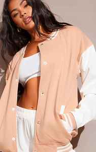 Women's Peach Varsity <b>Jacket</b> With <b>White</b> Sleeve Solid Color Preppy Style Button Up Collar Full Sleeve Regular Fit Autumn Wear - Product Image 3