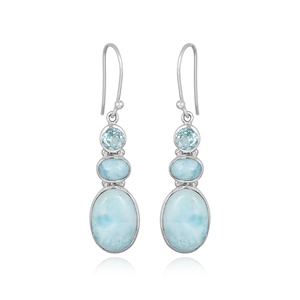 Boucles d'oreilles pendantes uniques en argent sterling 925 avec cabochons de larimar naturel, pierre bleue océanique, bijoux en gros - Product Image 1