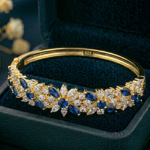 Gold Color Sapphire and Lab Created Diamond Open Bangle <b>Copper</b> Electroplated Floral <b>Bracelet</b> for Women - Product Image 3