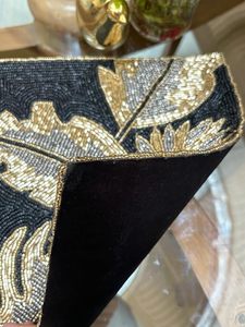 Embroidered leaf Pattern <b>Table</b> <b>Runner</b> Bohemian Style Black Gold Home Decor Washable - Product Image 2