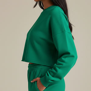 เสื้อครอปท็อปผ้าฝ้ายเฟรนช์เทอร์รี่ 100% แบบ OEM/ODM คอกลมสำหรับผู้หญิง พิมพ์โลโก้แบบพัฟตามสั่ง เสื้อสเวตเชิร์ตน้ำหนักเบา ระบายอากาศได้ดี - Product Image 2