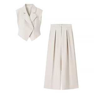 Women's Elegant Two Piece <b>Set</b> Sleeveless <b>Blazer</b> With Notched Collar And Wide Leg Pants Solid Color Women's Clothing - Product Image 1