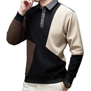 2025 hommes à la mode Vintage revers à manches longues T-Shirts tendance couleur bloqué lâche décontracté hauts pour printemps automne nouveaux t-shirts - Product Image 3