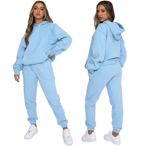 Ensemble jogging et sweat à capuche en polaire bleu clair pour femme, coupe décontractée, 2 pièces, couleur unie, vêtements de sport d'hiver, écologique - Product Image 1