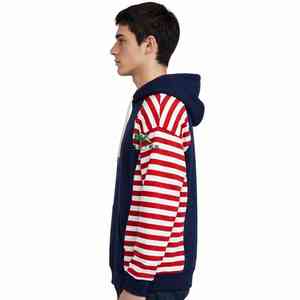 Sweat à capuche unisexe NEXTEX à manches rayées, bleu marine et rouge, en molleton de coton doux, chaud et décontracté - Product Image 2
