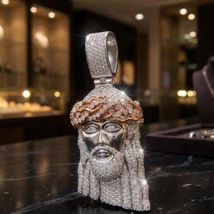 Pendentif Visage de Jésus en Argent Sterling 925 avec Moissanite, Coupe Ronde Brillante, Plaqué Rhodium, Unisexe, Breloque Hip Hop, Bijou Cadeau - Product Image 1