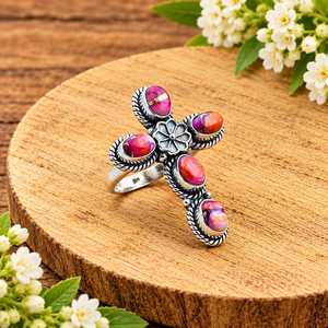 Bague en argent sterling 925 faite à la main avec turquoise coquille de palourde épineuse - Motif croix centrale fleurie avec bordure en corde style sud-ouest - Product Image 1