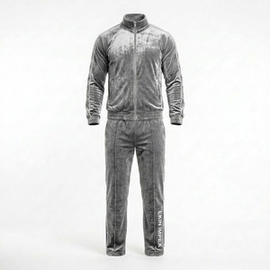 <b>Men's</b> Luxury Grey Acid Wash Crushed Velour Streetwear Tracksuit Set-Premium Vintage <b>Velvet</b> Drawstring <b>Jacket</b> Pants Custom Logo - Product Image 3