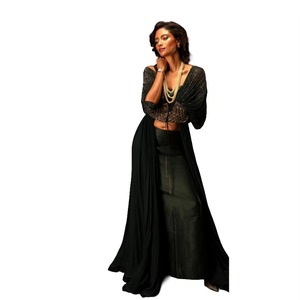 Conjunto de Ropa Étnica de 3 Piezas para Mujer, Color Verde Esmeralda, al Mejor Precio al por Mayor, Anarkali Palazzo, Chifón Estampado, Estilo Festivo - Product Image 3