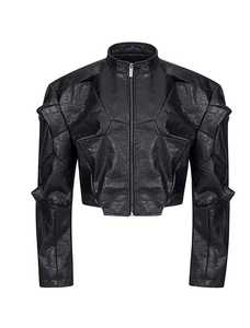 Veste en cuir véritable pour homme, style motard, col rabattu, fermeture éclair, patchwork embossé, coupe ajustée, longueur normale, printemps - Product Image 2