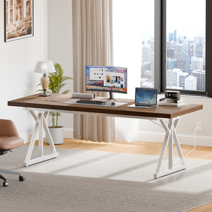<strong>Rustic</strong> Wood Computer <strong>Desk</strong> with Power Outlets Sturdy X Shaped Metal Frame Large <strong>Office</strong> <strong>Desk</strong> for Home <strong>Office</strong> Gaming - Product Image 1