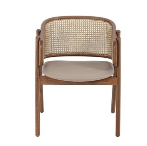 Silla de Madera de Estilo Moderno de Mediados de Siglo con Asiento de Cuero Sintético y Respaldo de Mimbre para Comedor - Product Image 1