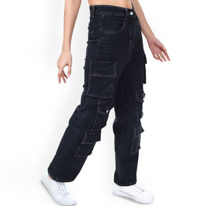 High Waist Dark Wash Cargo <b>Pants</b> Women's Casual Full Length Loose Fit Denim Jeans With Multiple Pockets Button Fly - Product Image 3