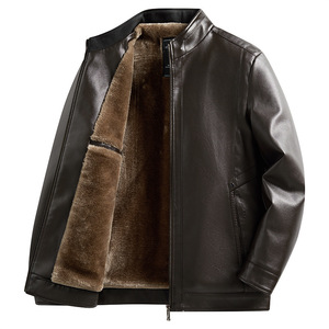 Veste en cuir noire pour homme, manches longues, coupe-vent, style hiver chaud doublé de polaire - Product Image 4