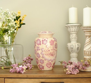 Lilac Modern Customized Oval Cremation Urn Hand Painted White Floral Handcrafted Aluminium Adult Human Ashes <b>Memorial</b> Jar 15L - Product Image 1