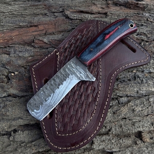 Couteau de cowboy artisanal en acier Damas, manche en bois Pakka, lame fixe, couteau de chasse et de camping avec étui en cuir Pancake - Product Image 4