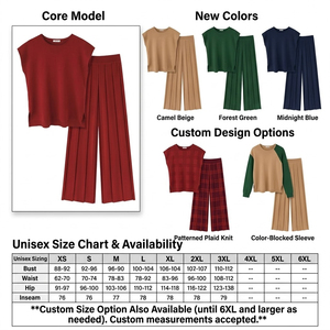 Ensemble deux pièces décontracté d'été pour couple : haut en jersey de coton à manches courtes et pantalon plissé à jambes larges – Tenue de détente – Fabricant - Product Image 2