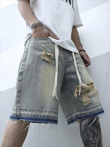 Casual Cotton Plus Size <b>Drawstring</b> Ripped Denim Shorts <b>Men</b> Custom logo Distressed Raw Hem Loose <b>Men</b> Jorts Washed <b>Jean</b> Shorts - Product Image 4