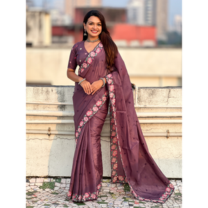 Sari brodé floral multicolore avec bordure ajourée, couleur vin pur, pour les mariages - Product Image 6