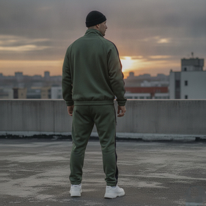 Ensemble de survêtement vert olive pour homme, col montant zippé, style streetwear, avec poches latérales, respirant, en polyester et coton - Product Image 6