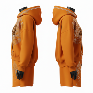Conjunto de Sudadera con Capucha y Pantalones Cortos de Felpa de Algodón Suave de 380 GSM para Mujer, Diseño de Llama con Pedrería en Naranja Quemado - Product Image 3