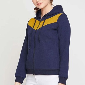 Sweat-shirt à capuche zippé pour femme, à manches longues, color block, bleu marine et jaune, hiver - Product Image 3