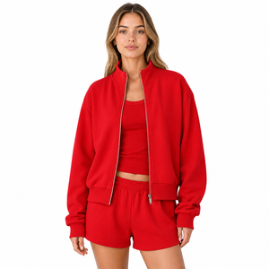 Achetez un ensemble deux pièces décontracté pour femme de qualité supérieure, veste zippée et short, tenue de détente douce, vêtements en gros, survêtement uni décontracté - Product Image 6