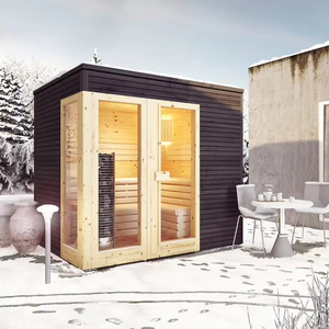 Pod de bien-être extérieur prêt pour l'hiver |   Revêtement en <span class=keywords><strong>bois</strong></span> bicolore, chauffage électrique et toit <span class=keywords><strong>plat</strong></span> |   Conception de jardin/bord de piscine - Product Image 1
