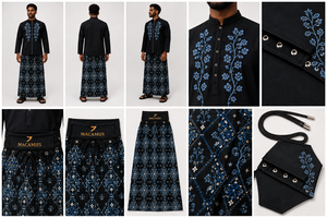 Ensemble kurta en coton noir brodé pour hommes adultes avec motif floral et jupe à cordon de serrage respirant - Product Image 1
